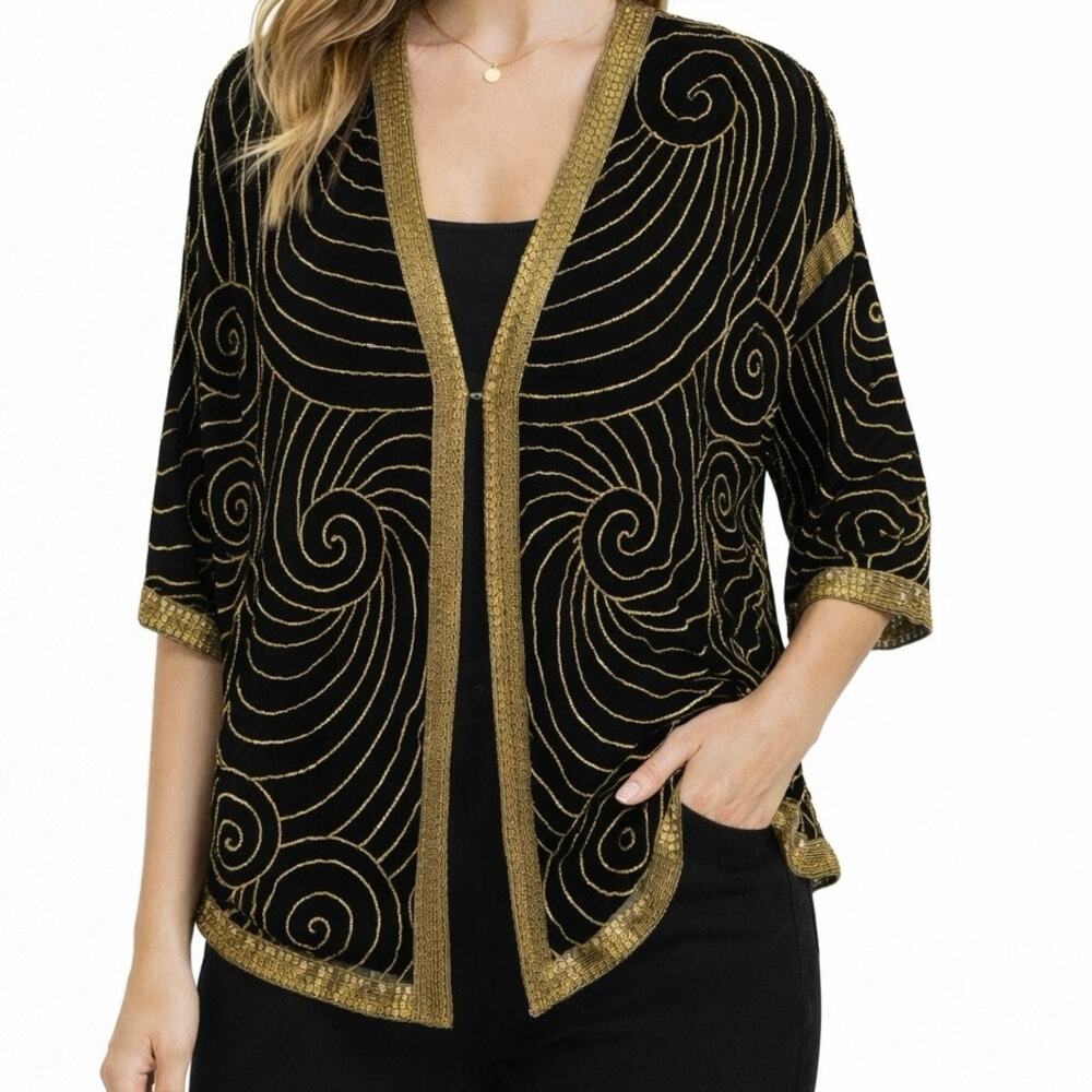 Vintage St Honore Beaded Jacket Medium Black Gold Open Front